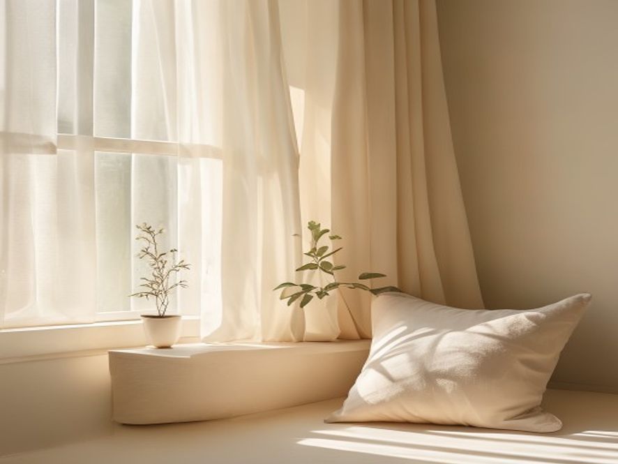 Calm interior with natural light, cushion, and plant
